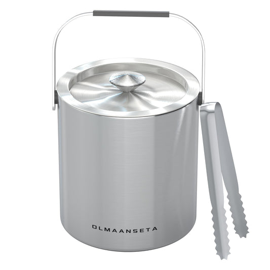 Olmaanseta Small Ice Bucket with Lid and Tongs1.3L Portable Mini Double Walled Ice Cube Bucket for Cocktail Bar Stainless Steel Cute Insulated Ice Buckets for Parties